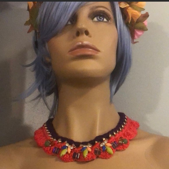 Bohemian 2 pc set lot bundle pink brown candy knitted boho yarn necklace funky - Picture 7 of 8